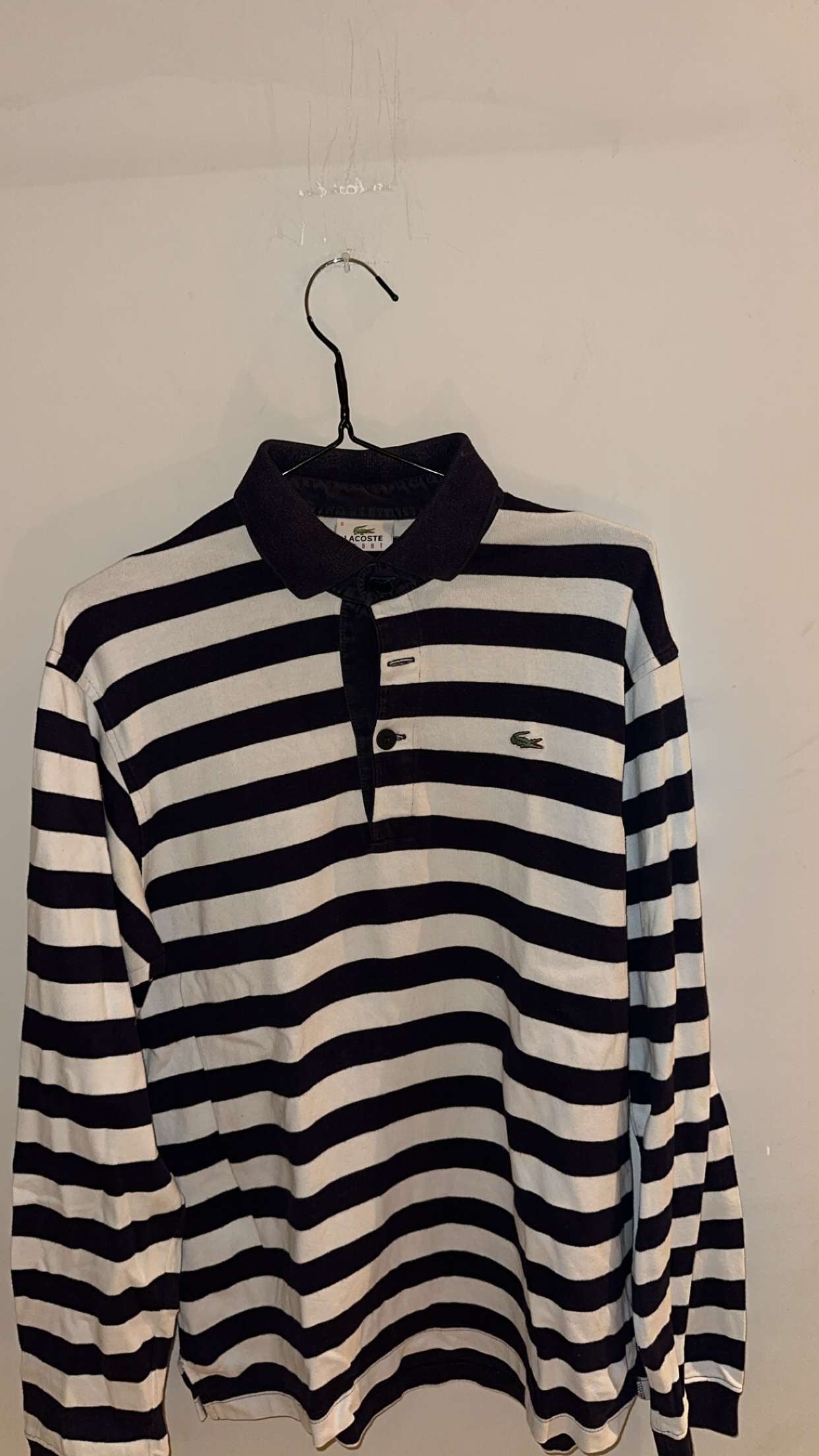 Large Black & White Striped Long-Sleeve Lacoste Polo