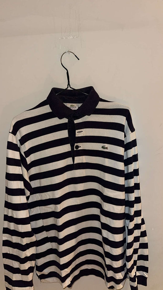 Large Black & White Striped Long-Sleeve Lacoste Polo